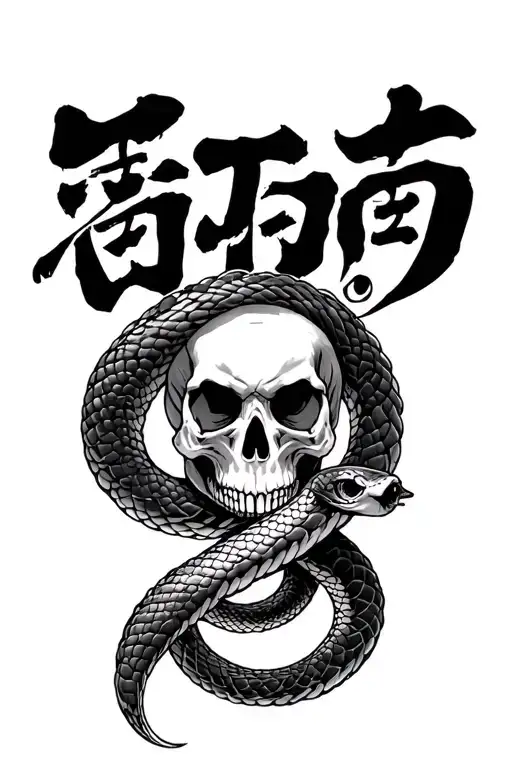 the words loyalty, integrity, honor, and time in Japanese with an intertwined snake and skull tattoo design idea