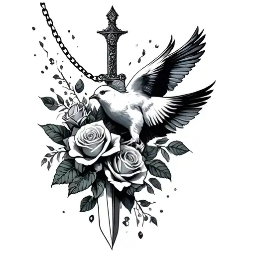 dagger that breaks a chain of roses freeing a bird tattoo design idea
