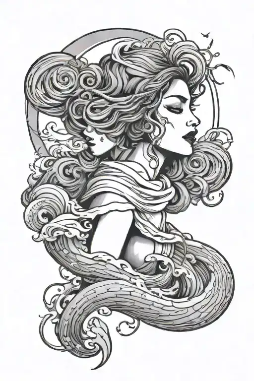 Blindfolded women (with clothes on)  surrounded by waves with crescent moon above head tattoo design idea