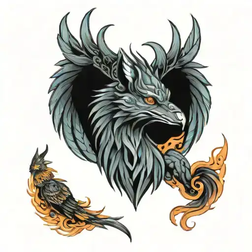 big phoenix tattoo with wolf tattoo featuring tattoo design idea