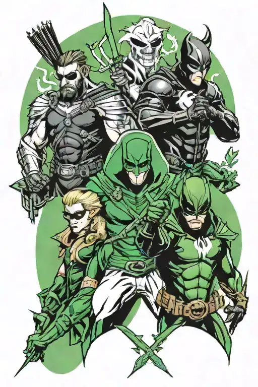 Green Arrow, venom, aquaman, and moon knight tattoo design idea