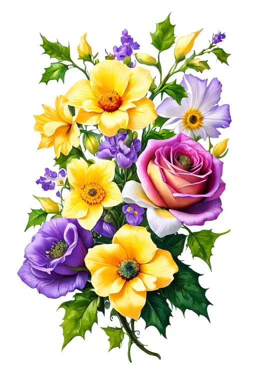a tattoo of violet , poppy, marigold, narcissus, rose,Gladiolus, holly ,daisy,rose ,primrose connecting on a vine  tattoo design idea
