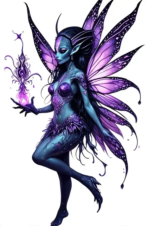 A female alien fairy, who is a star child and has powerful magic. She uses a beautiful purple and black metallic  tattoo design idea