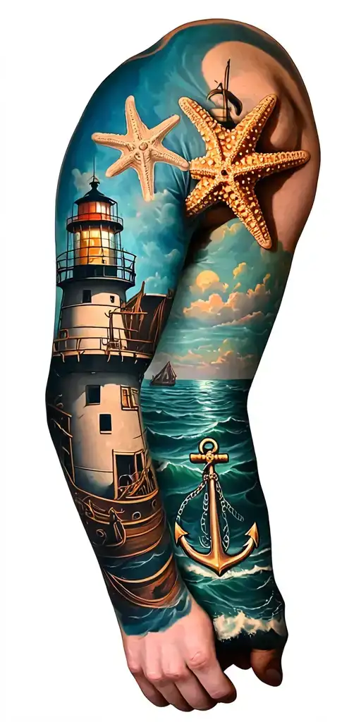 shoulder -pirate, elbow - sea star, forearm - lighthouse and anchor, osminog Overplain all tattoo design idea