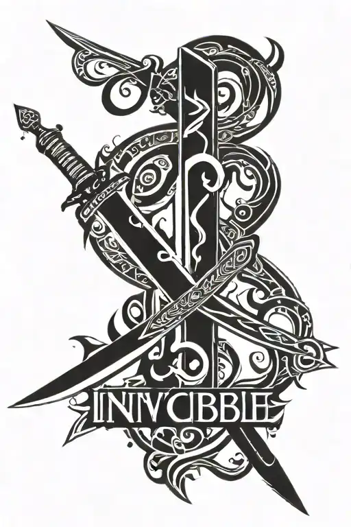 The word "Invincible" with sword through it tattoo design idea