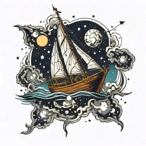 boat sailing in universe tattoo design idea