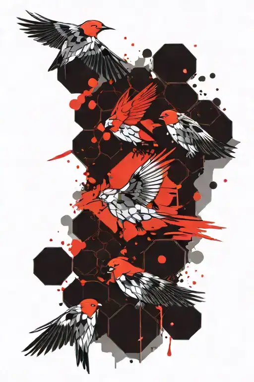  many small swift birds, hexagons, brush strokes tattoo design idea