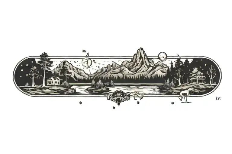 aquarius constellation with mountains with forest with river and biggest tree in middle tattoo design idea