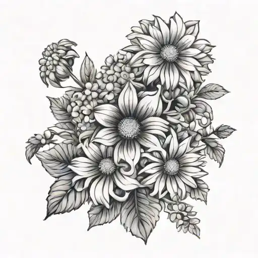violets, daisy, aster, chrysanthemum flower tattoo design idea