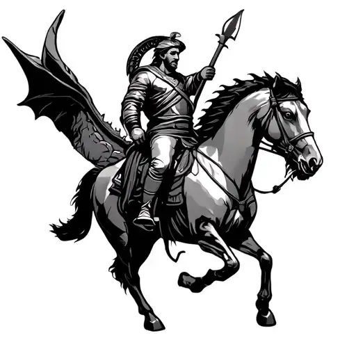 "Back closure for tattooing, St. George mounted on his horse facing a great dragon, black and gray style tattoo design idea