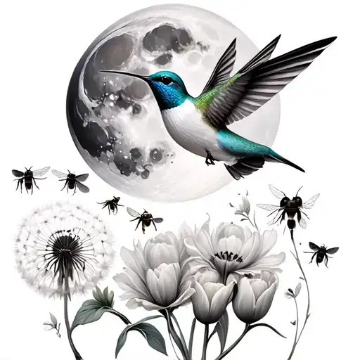 hummingbird, moon, tulips, bees, dandelion flower, ocean tattoo design idea