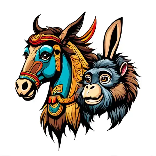 totem pole using the heads of a horse, ox, monkey and rabbit tattoo design idea