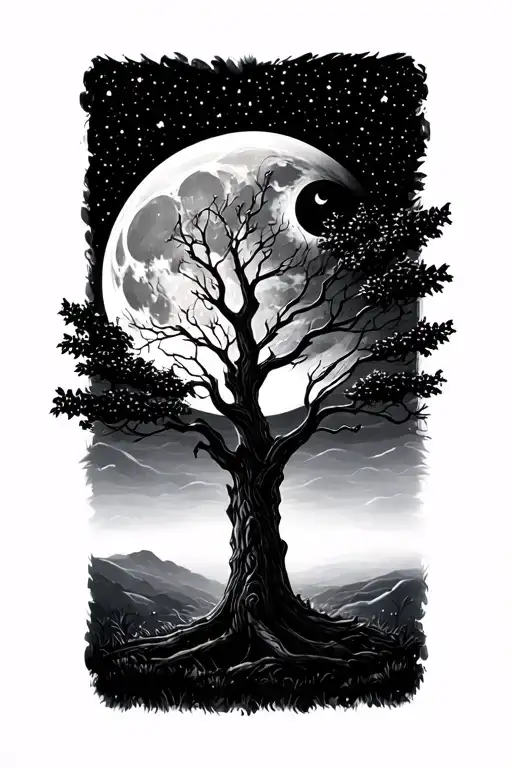 maple tree with moon and night sky filled with stars tattoo design idea