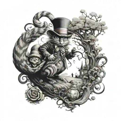 A whimsical scene of Dustie playing with the Cheshire cat and the mad hatter in a surreal landscape tattoo design idea
