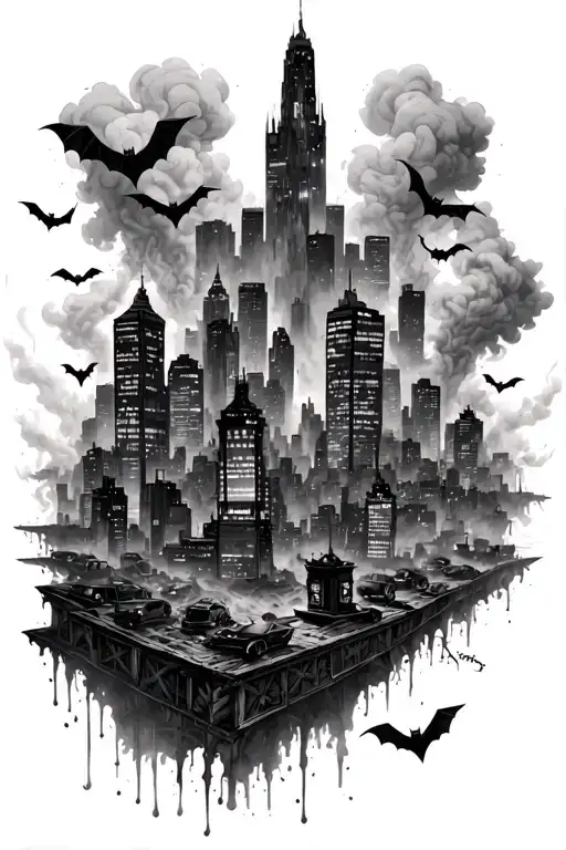 burning depressing city skyline with lots of smoke and bats highly detailed  full sleeve tattoo design idea
