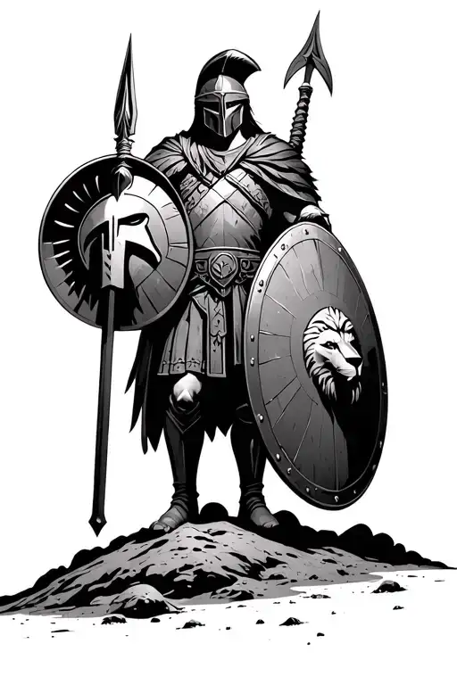 spartan warrior holding a spear, helm and shield. The shield depicts a lion head. the soldier is standing on top of mars tattoo design idea