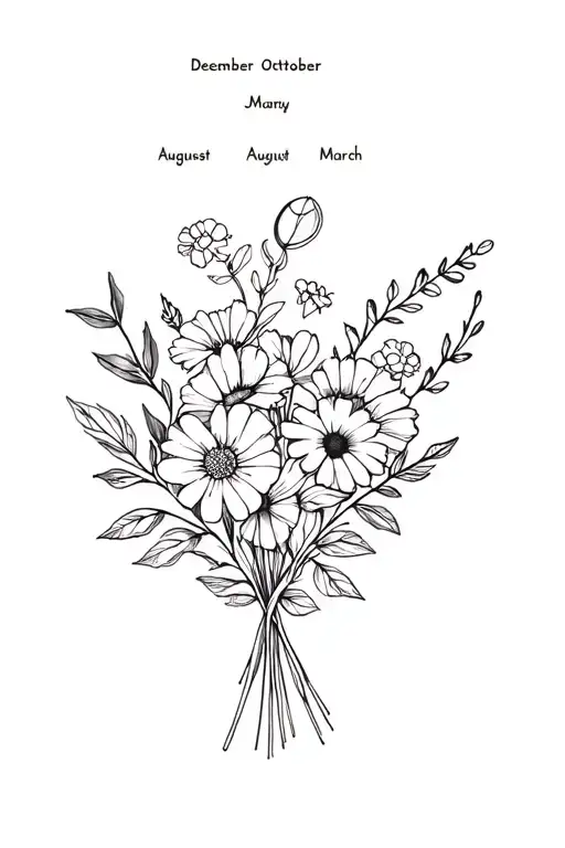 bouquet of birth month flowers, December, October, August, May, March, July tattoo design idea