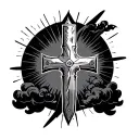 cross that shifts to a knife. Surrounded with clouds and rays of light. tattoo design idea