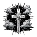 cross that shifts to a knife. Surrounded with clouds and rays of light. tattoo design idea