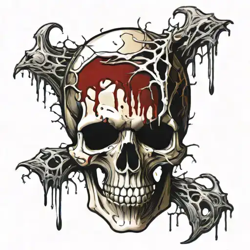 Human Skull and spine, dripping with blood, blood veins sticking out, no jaw, cracked, holes, pieces missing. tattoo design idea