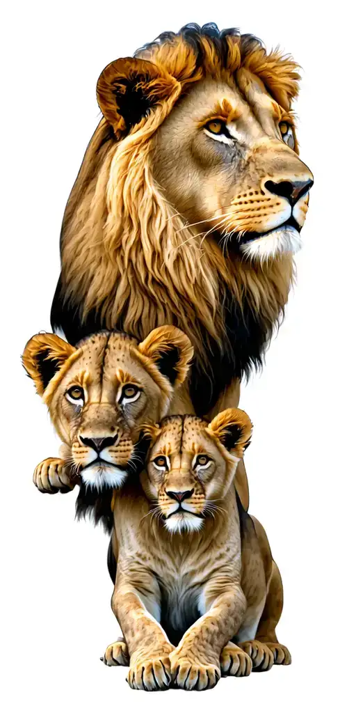 male and female lion watching over 3 different aged lion cubs tattoo design idea