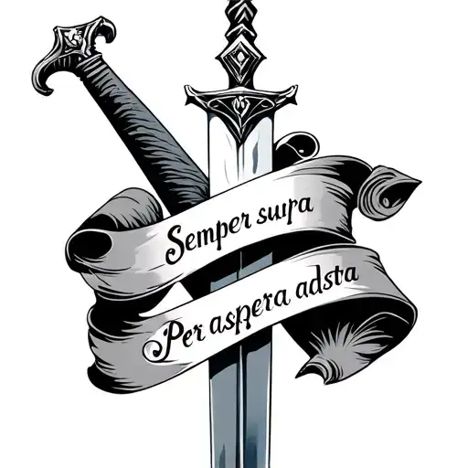 Sword with scroll work around it. On the scroll are the phrases, Semper supra and Per aspera ad astra tattoo design idea