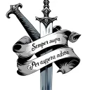 Sword with scroll work around it. On the scroll are the phrases, Semper supra and Per aspera ad astra tattoo design idea