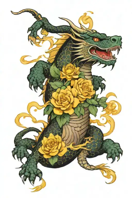 Dragon and tiger fighting with daisys and roses around them tattoo design idea