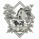 farm scene featuring fencing, with a maple tree and cattle brand all inside of a diamond  tattoo design idea