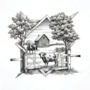 farm scene featuring fencing, with a maple tree and cattle brand all inside of a diamond  tattoo design idea