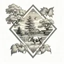 farm scene featuring fencing, with a maple tree and cattle brand all inside of a diamond  tattoo design idea