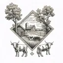 farm scene featuring fencing, with a maple tree and cattle brand all inside of a diamond  tattoo design idea