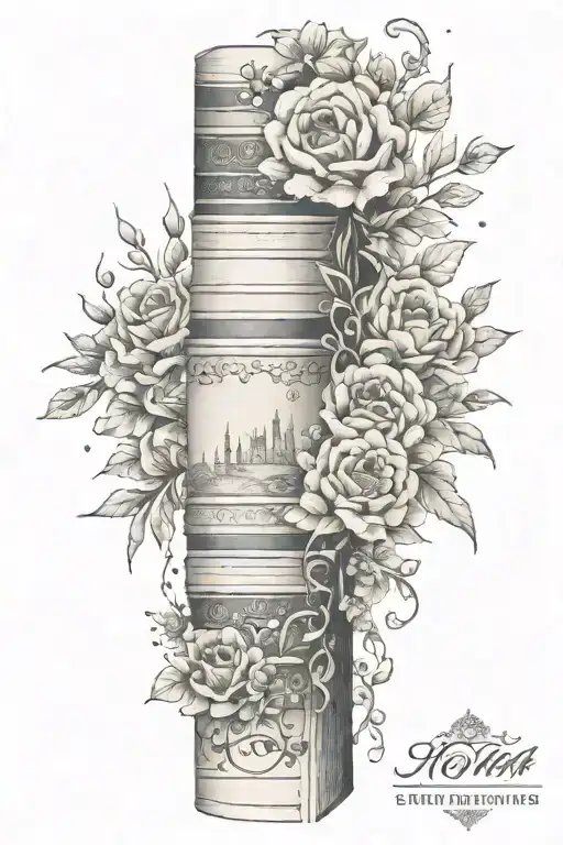 full sleeve arm tattoo with a stack of book and floral accents tattoo design idea