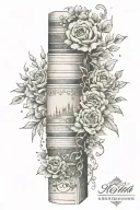 full sleeve arm tattoo with a stack of book and floral accents tattoo design idea