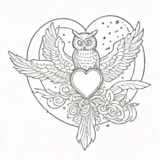 heart on sea foam, ancient Roman coin, owl, cornucopia, Nike wings, single peacock feather, bow&arrow moon, small torch. tattoo design idea