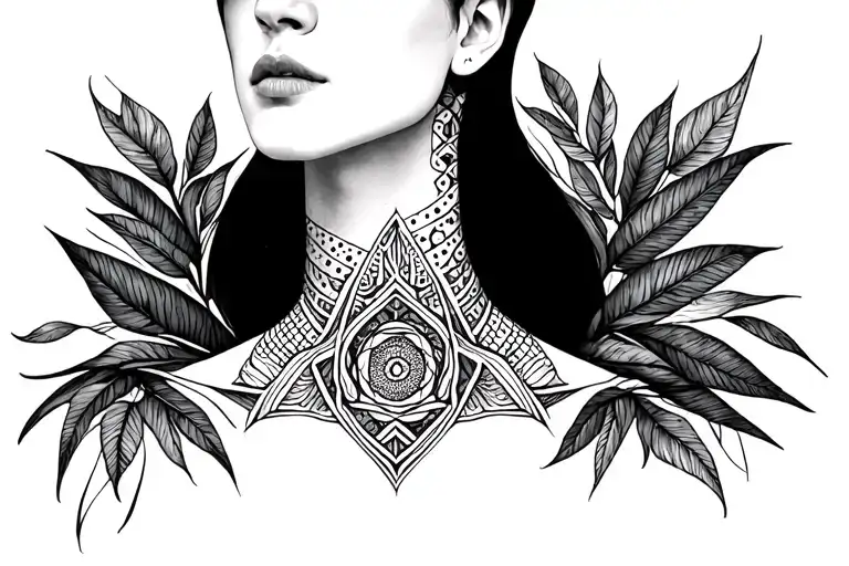 throat and neck tattoo symbolising transformation, using nature and geometric shapes and patterns. tattoo design idea