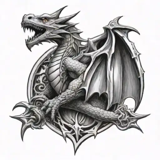a dragon with bat wing holding halberd vertically tattoo design idea