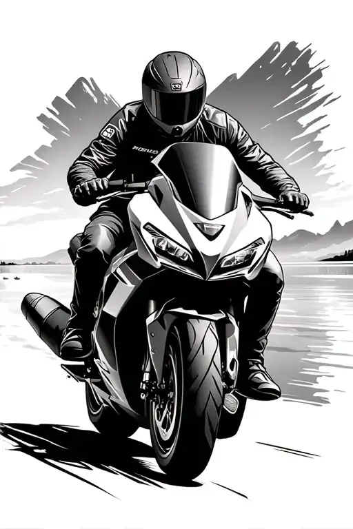 a guy riding a honda fireblade motorbike into the distance with scenic landscape of the lake district, sw13fty reg tattoo design idea
