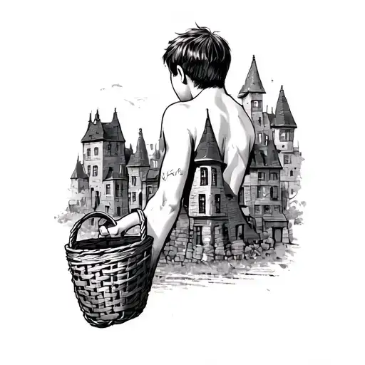 Calf tattoo.There is a teenage boy looking at many old buildings.We can see him from the back and he is wearing a basket tattoo design idea