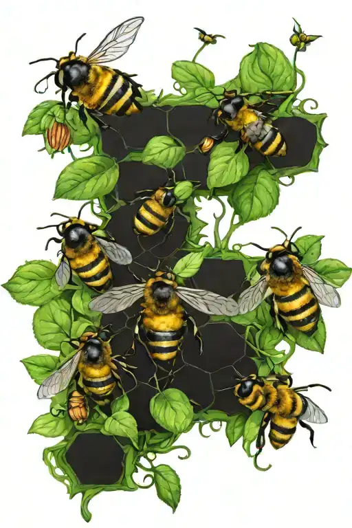 green creeper plants surrounded by bees, representing ambitious multifaceted life and passion tattoo design idea