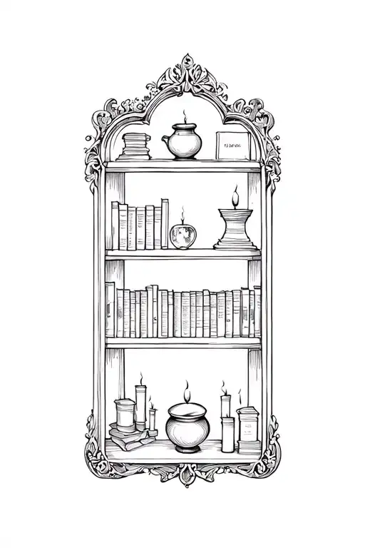 Dark academia style wall bookshelf filagree frame. filled with old worn books, cauldron, crystal ball, candles lit tattoo design idea