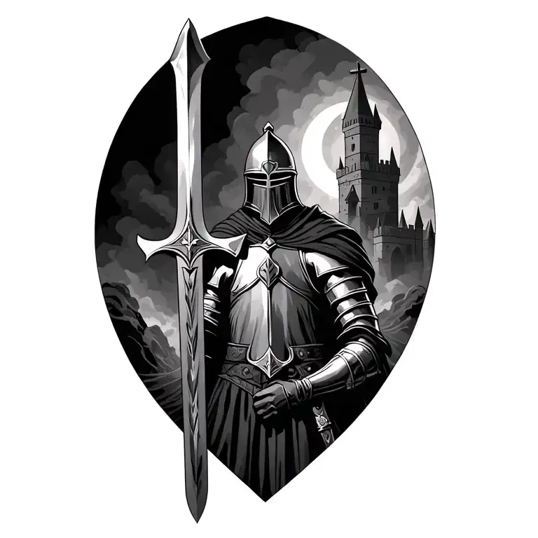 a black and grey tattoo with a templar knight after a hard battle with is sword, wearing a helmet, a castle and a saint  tattoo design idea