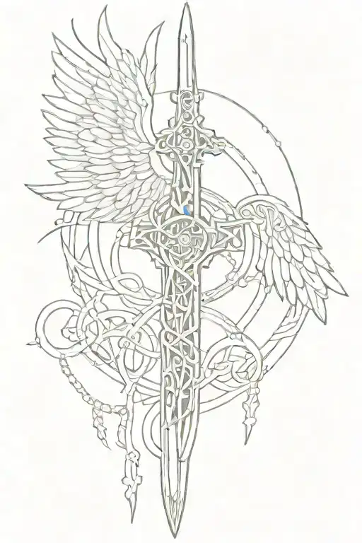 Seraphim celtic cathedral blade symbols angel chains tattoo design idea