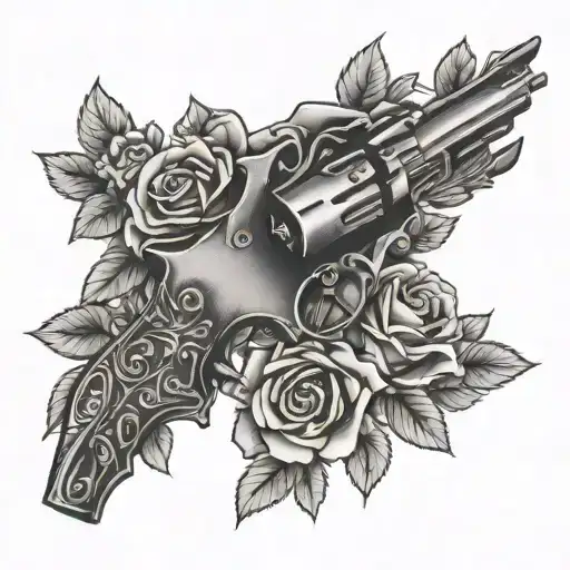 Cross Pistols (revolver) and roses growing tattoo design idea