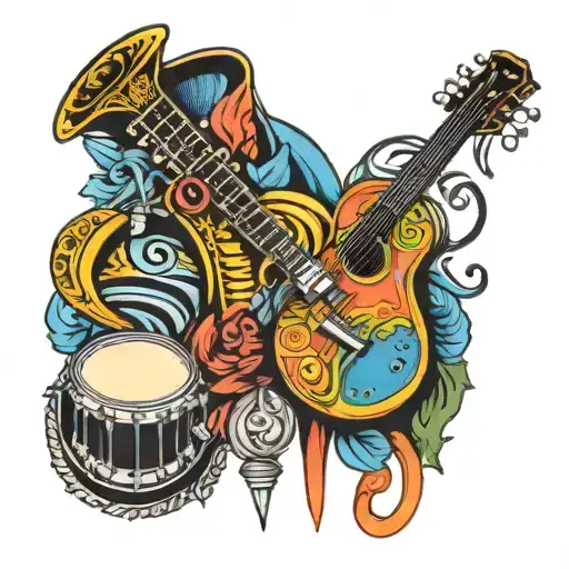 A mix of Cuban and Argentinean musical instruments intertwined with vibrant colors and patterns tattoo design idea