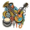 A mix of Cuban and Argentinean musical instruments intertwined with vibrant colors and patterns tattoo design idea