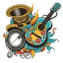 A mix of Cuban and Argentinean musical instruments intertwined with vibrant colors and patterns tattoo design idea