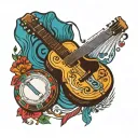 A mix of Cuban and Argentinean musical instruments intertwined with vibrant colors and patterns tattoo design idea