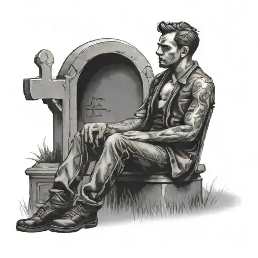 man sitting on a chair across a graveyard looking at a tombstone tattoo design idea