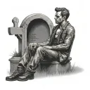 man sitting on a chair across a graveyard looking at a tombstone tattoo design idea